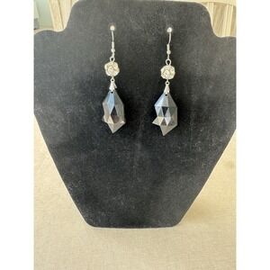 Vintage Black Faceted Glass‎ Drop Earrings Rhinestone Dangle Gothic Glam